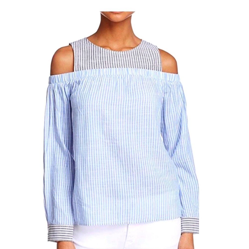 Honey Punch Women Blue‎ White Striped Cold Shoulder Blouse Mixed Print Size M